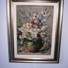 Coman Ardeleanu- "Flori in vas de lut", ulei gros/carton, tablou autentic