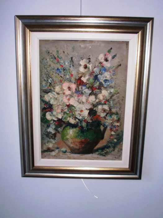 Coman Ardeleanu- &quot;Flori in vas de lut&quot;, ulei gros/carton, tablou autentic