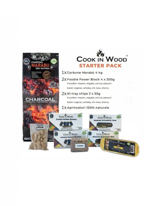 Pachet starter afumare, sac carbuni Marabu 4000g, aschii lemn presat 1600g, cutiute aluminiu aschii lemn 300g, punga aprinzatori