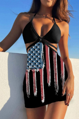 SW2215-1 Costum de baie din 3 piese model steag USA si sarong foto