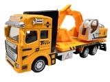 Camion platforma cu excavator galben 1:28 replica metal cu lumini si sunete brat mobil