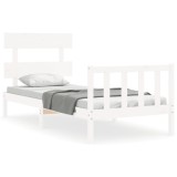Cadru de pat cu tablie single, alb, lemn masiv