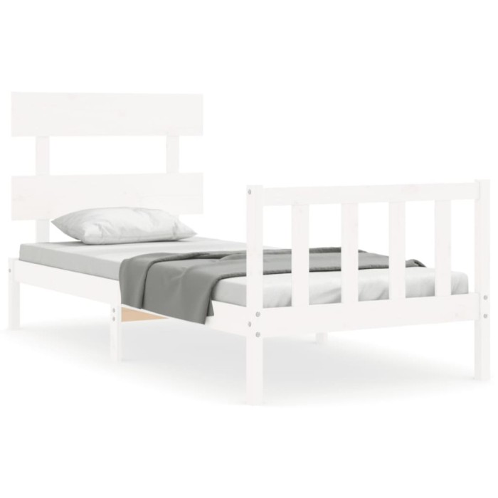 Cadru de pat cu tablie single, alb, lemn masiv