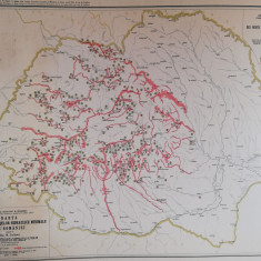 Harta debitelor si fortelor hidraulice ale Romaniei Mari,90x70cm,litografie rara