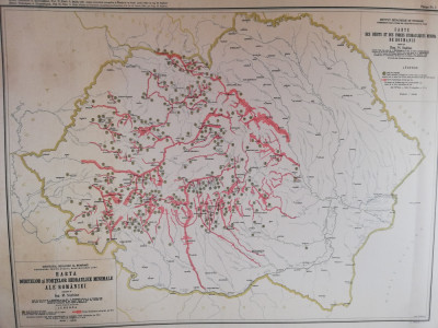 Harta debitelor si fortelor hidraulice ale Romaniei Mari,90x70cm,litografie rara foto