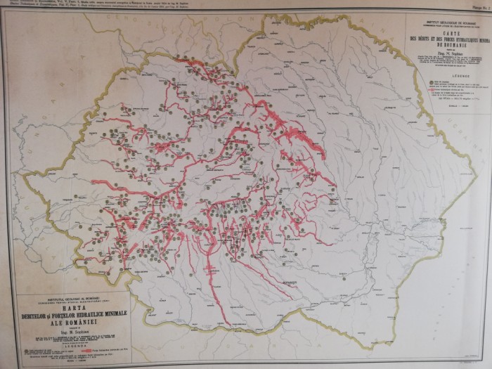 Harta debitelor si fortelor hidraulice ale Romaniei Mari,90x70cm,litografie rara