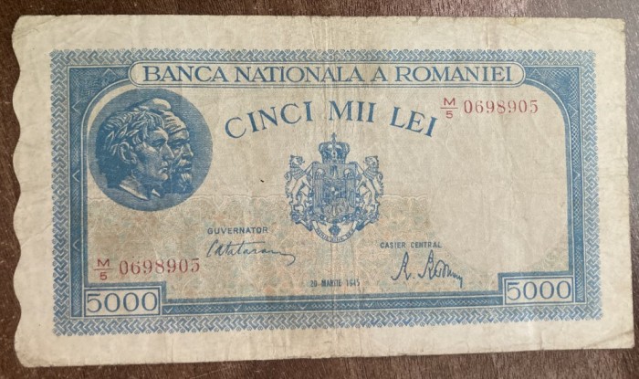 B11 83 - Bancnota foarte veche - Romania - 5000 lei - emisiune 20 martie 1945 - filigran BNR vertical