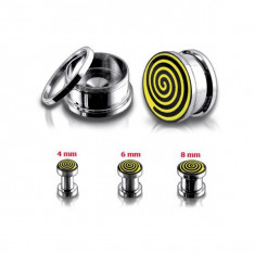 Dop-plug tunel ureche, din oțel chirurgical, spirală galben-neagră - Lățime: 8 mm