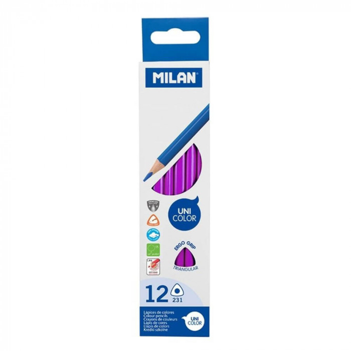 Set 12 Creioane Unicolor MILAN, Culoare Mov, Corp Hexagonal din Lemn, Creioane Mov, Set Creioane Mov, Creion Unicolor, Creioane Colorate, Creioane MIL