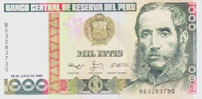 Bancnota Peru 1.000 Intis 1988 - P136b UNC foto