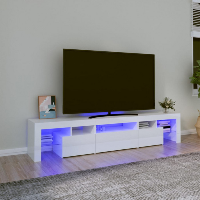 vidaXL Comodă TV cu lumini LED, alb extralucios, 200x36,5x40 cm