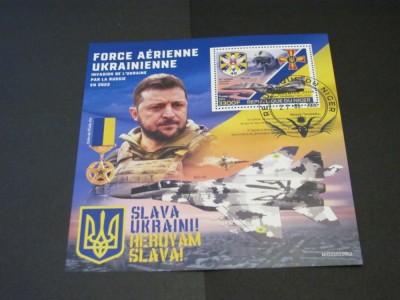 Coliță Filatelică Niger 2022 - Forțele Aeriene Ucrainene Zelensky, MiG-29, Obliterată 1300F foto