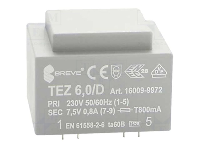 Transformator PCB 6VA 230VAC 7.5V