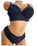 Set lenjerie intima dama albastru, sutien push up dantela, tanga, fundita, mirelli