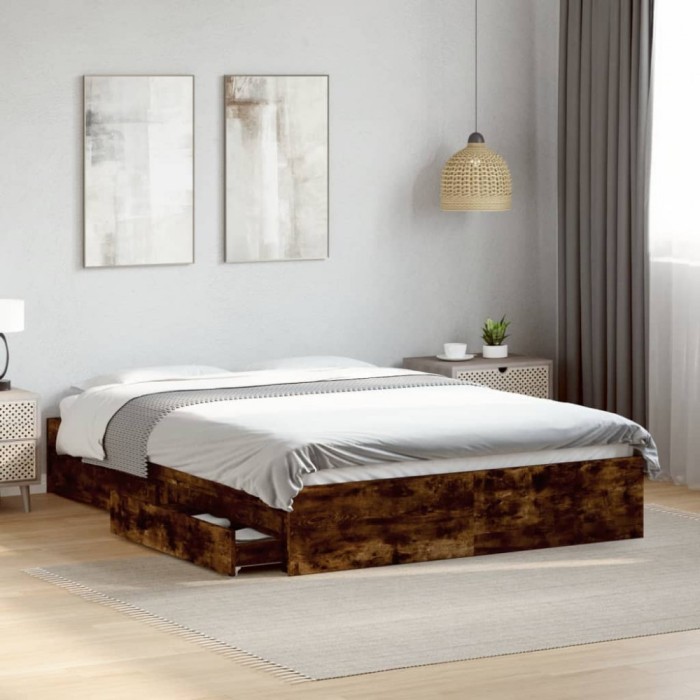 vidaXL Cadru pat cu sertare stejar fumuriu 135x190 cm lemn prelucrat 3280696