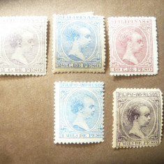 5 Timbre Filipine 1890-1896 colonie spaniola , Rege Alfons XIII