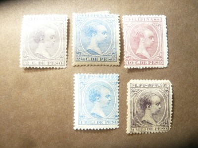 5 Timbre Filipine 1890-1896 colonie spaniola , Rege Alfons XIII foto