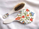 Set Perie Par si Oglinda Handmade, Motiv Traditional Floral, Decorat Manual, 25/21cm, Albastru, Galben, Rosu
