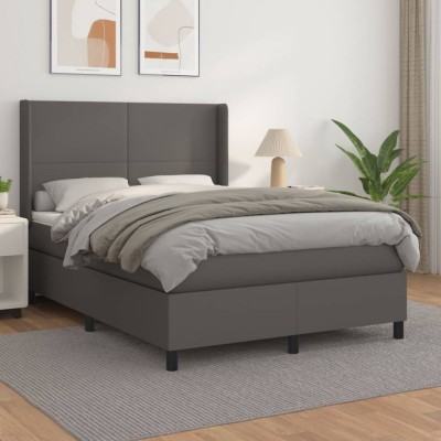 vidaXL Pat box spring cu saltea, gri, 140x200 cm, piele ecologică 3132385 foto