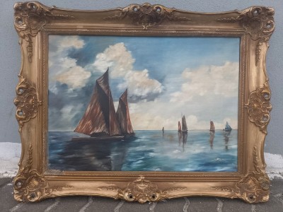 Ulei pe p&amp;acirc;nză tema marina ,o lucrare veche de o foarte buna calitate &amp;icirc;ncadrată &amp;icirc;ntr-o ramă din lemn masiv in stilul Baroc foto