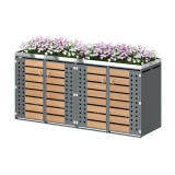 Cutie pentru pubele 4‑locuri, &icirc;nchisă cu cheie, cu jardinieră integrată, 264x80x124,5 cm, Gri+Culoare naturală