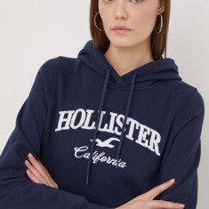 Hollister Co. bluza femei, culoarea albastru marin, cu glugă, cu imprimeu