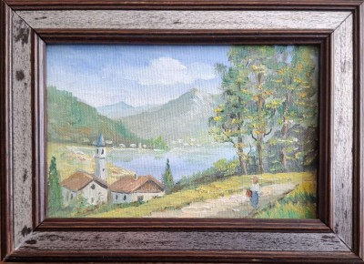 Piesaj montan, mică pictură pe p&amp;acirc;nză, nesemnată foto