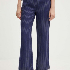 Sisley pantaloni din in culoarea albastru marin, drept, high waist