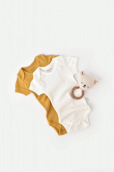 Set 2 body-uri bebe unisex din bumbac organic si modal - Mustar/Ecru, BabyCosy (Marime: 6-9 luni)