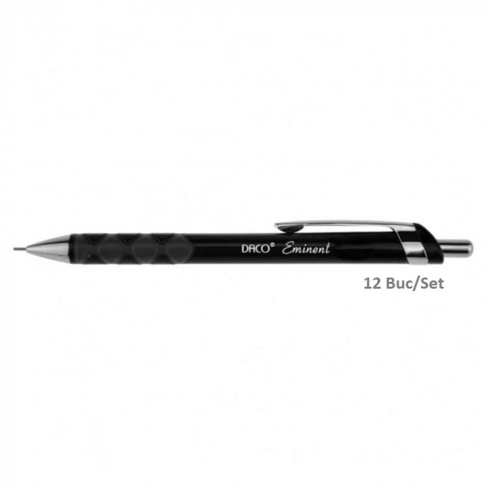 Set de 12 Creioane Mecanice DACO Eminent, Mina de 0.7 mm, Corp din Plastic Negru, Creion Mecanic, Set Creioane Mecanice, Creion Mecanic cu Mina, Creio