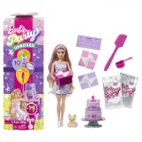 Barbie Papusa Party Unboxed Reveal Blonda, 10 Surprize, Tort, Catel, Schimbare Culoare, Cadou Fetite 3+ Ani