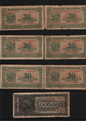 Lot / Set drachmai Grecia 6 x 20 1940 + 1 x 5000000 1944 / circulate / vezi scan foto