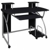 Birou PC vidaXL Negru 110x52x88.5cm, Lemn, Roti cu Frana, Sertar Tastatura, Rafturi Depozitare