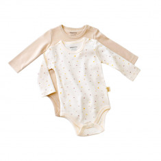 Set 2 body-uri cu maneca lunga bebe unisex -100% bumbac organic - Ecru cu buline, BabyCosy (Marime: 0-3 Luni)