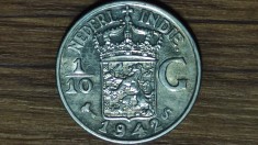 Indiile est Olandeze - moneda exotica de argint - 1/10 gulden 1942 AUNC - mintmark palmier- bijuterie de moneda !