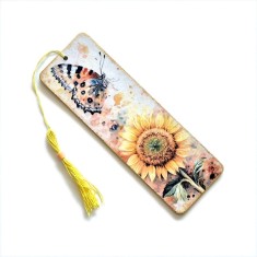 Semn de carte lemn cu floarea soarelui si fluture &ndash; 170520
