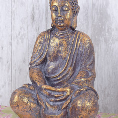 Statueta Budha din rasina aurie cu irizatii mov AJA161