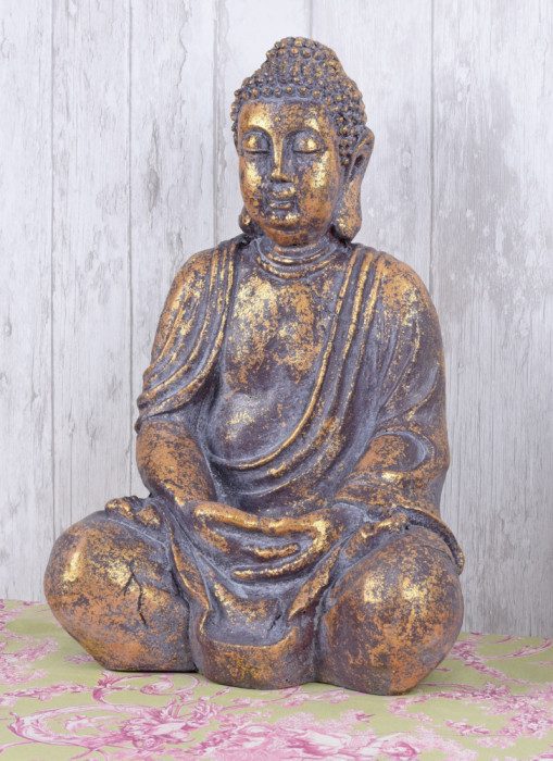 Statueta Budha din rasina aurie cu irizatii mov AJA161