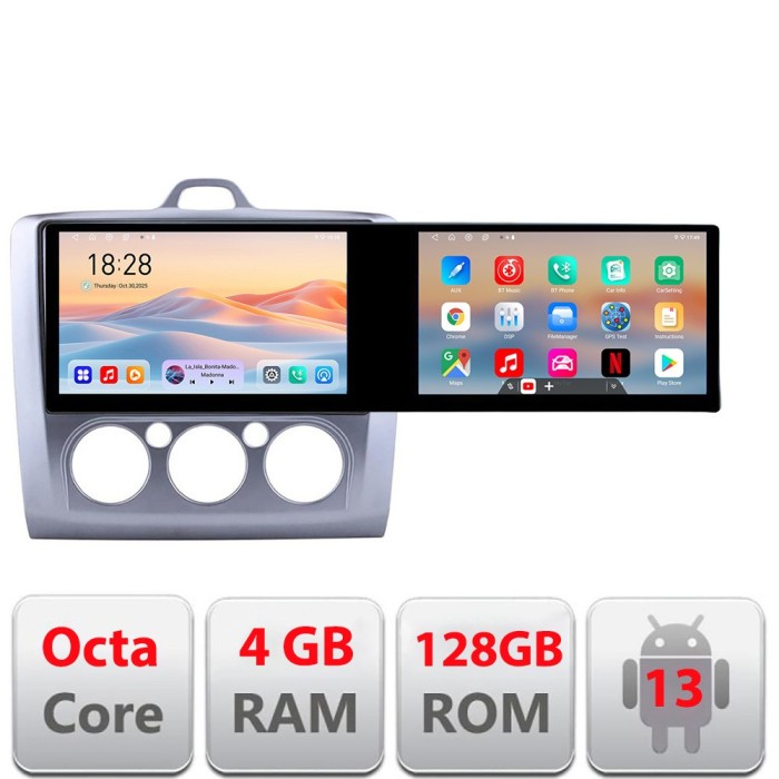 Navigatie Ford Focus clima manuala Kit-140-manual Edotec 2 ecrane 8 core 4+128 21.6 inch Incell android Wifi 5Ghz gps internet 32 CarStore Technology