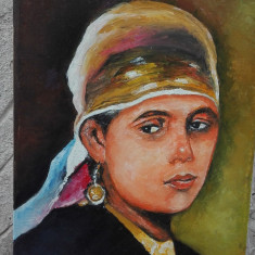 Tablou portret portret fata cu basma galbena ,semnat Cimpoesu