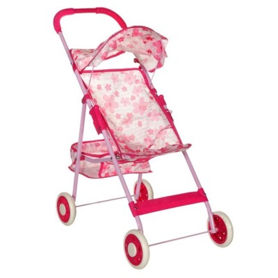Carucior Shopiens&amp;reg; pentru papusa, pliabil, tip umbrela, din plastic, roz cu floricele foto