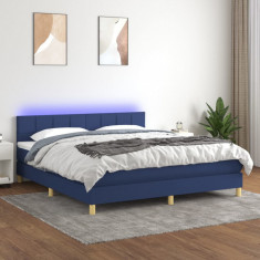 vidaXL Pat cu arcuri, saltea și LED, albastru, 160x200 cm, textil