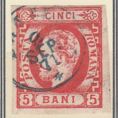 ROMANIA 1871 LP 30 REGELE CAROL I CU BARBA 5 BANI ROSU T1 EROARE STAMPILAT