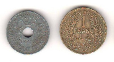 SV * Tunisia 10 CENTIMES 1942 si 1 FRANC 1941 * Protectoratul Francez WWII foto