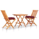 Set bistro 3 piese cu perne bordo, lemn masiv de tec