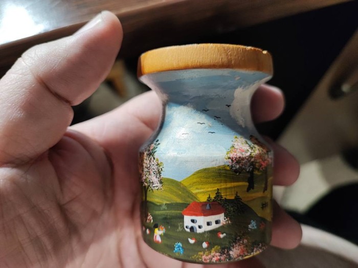 Set vintage de 3 paharute lemn pictate