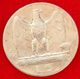 (A897) MONEDA DIN ARGINT ITALIA - 5 LIRE 1929, VITTORIO EMANUELE III, VARIANTA CU 2 ROZETE, MAI RARA, Europa