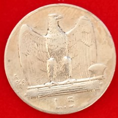 (A897) MONEDA DIN ARGINT ITALIA - 5 LIRE 1929, VITTORIO EMANUELE III, VARIANTA CU 2 ROZETE, MAI RARA