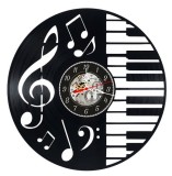 Ceas de perete disc vinil, Pianist, Claviatura, Cheia Sol, Skeleton, Negru, 30cm, Muzica