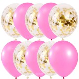 Set 10 Baloane Latex Roz Deschis cu Confetti Aurii, 30cm, Ropet - Baloane Aniversare, Nunta, Botez, Petreceri